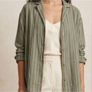 ZARA Olive Green Linen Striped Grandpa Shirt